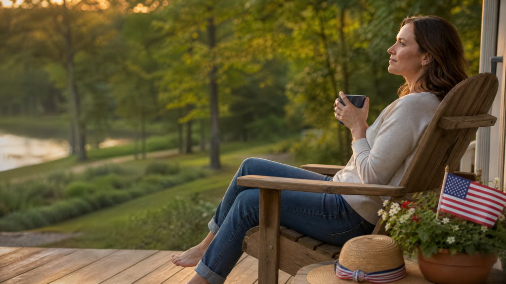  Independence Day mental health: a person taking a restorative break on a porch to represent healthy boundaries and emotional well-being.