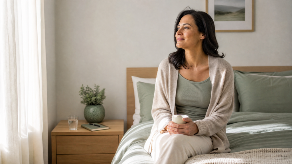  Sleep and mental wellness: calm person sitting on a bed in a restful bedroom with a journal and water on the nightstand.