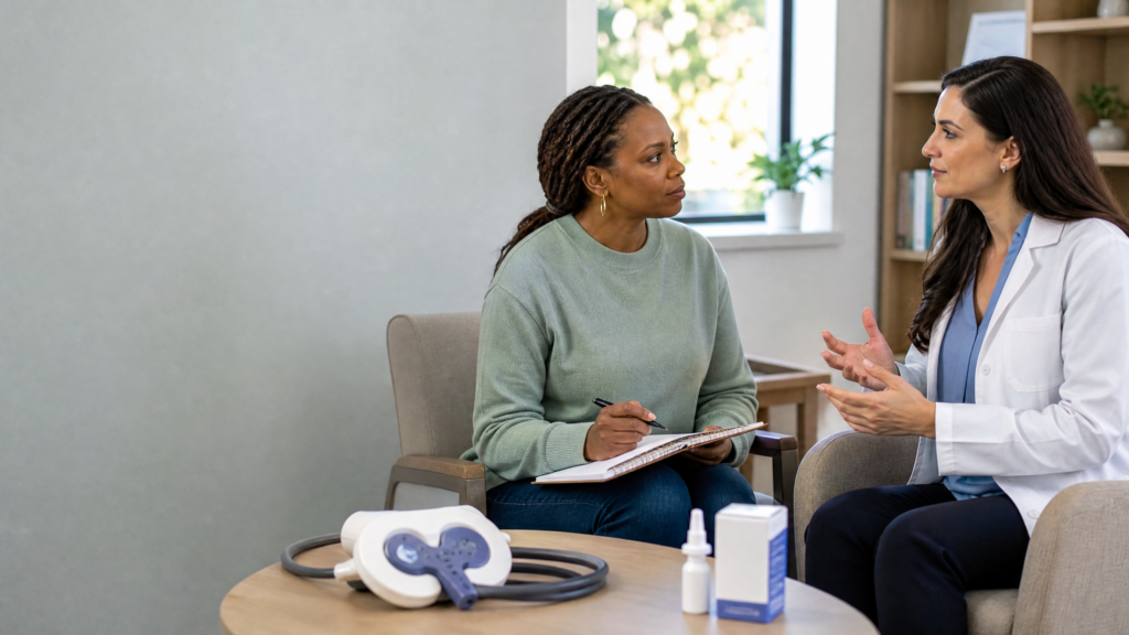 TMS vs. SPRAVATO: patient discussing personalized depression treatment options with a healthcare professional during a clinical consultation.