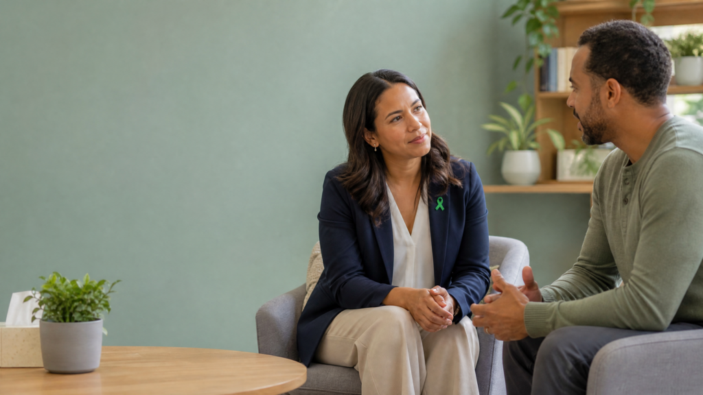 World Mental Health Day: a compassionate conversation between a mental health professional and a patient to represent awareness and support.