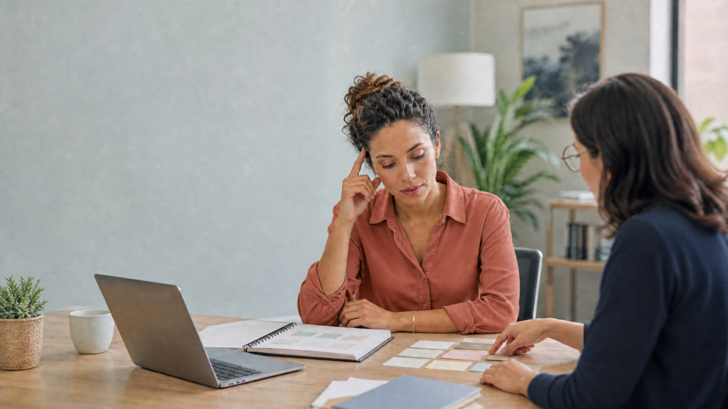 ADHD left untreated: adult discussing focus, organization, and daily-functioning challenges with a mental health professional.