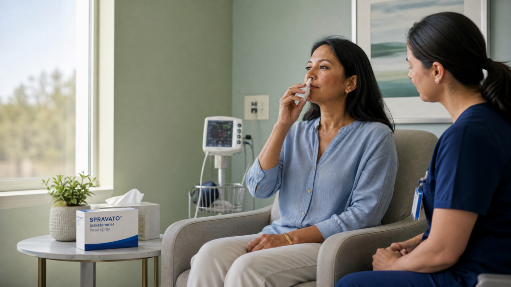 Benefits of Spravato for depression: adult patient receiving supervised esketamine nasal spray treatment from a healthcare professional.