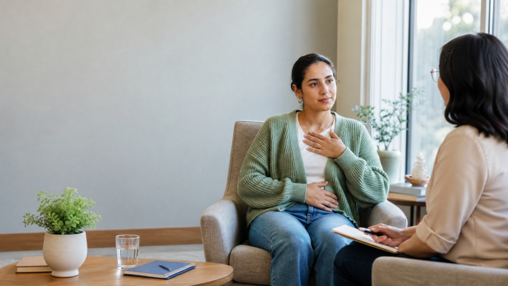 Easy tricks to manage anxiety: person practicing slow breathing with a mental health professional during a supportive counseling session.