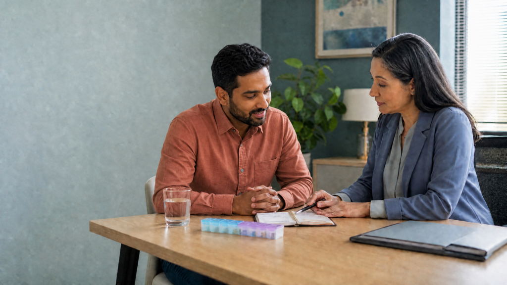 Medication management tips: patient reviewing a mental health treatment plan and symptom tracker with a healthcare professional.