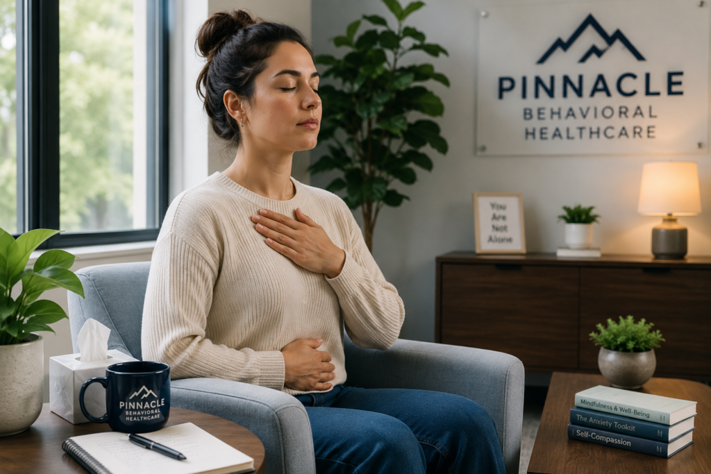 Woman practicing grounding techniques for emotional overwhelm in a behavioral healthcare setting