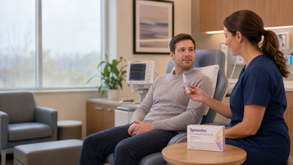  Spravato treatment in Minneapolis: adult patient receiving supervised esketamine nasal spray treatment from a healthcare professional in a clinical setting.